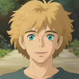 young man with medium - length, curly, golden hair, perfectly proportioned face, big aquamarine eyes, long eyelashes, smile, natural lighting, path traced, highly detailed, high quality, cartoon, digital painting, by new haicheng and studio ghibli