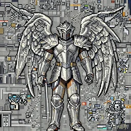 an angel, super nintendo game sprite, symetric, pixelated, platinum grey armor, tall man