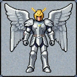 an angel, super nintendo game sprite, symetric, pixelated, platinum grey armor, tall man