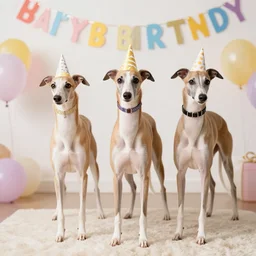 three whippets having a cool birthday party, photo, highly detailed