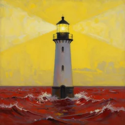 a beautiful paining of a singular lighthouse, shining it's light across a tumultuous sea of blood by greg rutkowski and thomas kinkade, trending on artstation. yellow colour scheme