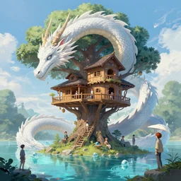 A beautiful digital painting of an enormous treehouse with around big white dragon, crystal lake by Stanley Artgerm Lau,  Rossdraws, James Jean, gerald brom, Andrei Riabovitchev, Marc Simonetti, and Sakimichan, trending on artstation