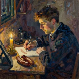 an impressionist painting of a sausage studying, being very focused at a desk next to a candle light