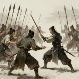 a man fighting with a quarterstaff against a dozen enemies, bamboo pikes. intricate, elegant, highly detailed, digital painting, artstation, concept art, sharp focus, illustration, by justin gerard and artgerm, 8 k