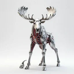 stylized shiny polished silver statue full body bizarre extra limbs cosmic horror quadruped animal moose deer skull four legs made of creature tendrils perfect symmetrical body perfect symmetrical face hyper realistic hyper detailed by johannen voss by michelangelo octane render blender 8 k displayed in pure white studio room anatomical deep red arteries veins flesh animatronic