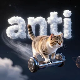 a cat flying through space on a hoverboard, space clouds form the word anti behind it, unreal engine 5 render