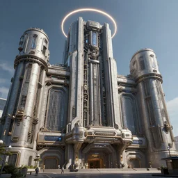 3 d sculpt of massive town hall beveled architecture, massive pipeline with layered complex cyberpunk'scifi digital movie camera'' power station'complex industrial military building facade, halo, star wars, ilm, star citizen halo, mass effect, high tech industrial, artstation unreal