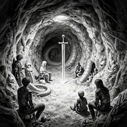 black and white point perspective dungeon cozy fantasy dungeon you find the burrowed lair of swordlore, the full worm,by artgerm and Craig Mullins, James Jean, Andrey Ryabovichev, Mark Simonetti and Peter Morbacher 16k