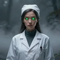 portrait of a feminine plague doctor, front angle, green glowing eyes and background with detailed fog background and foreground, stunning 3 d render inspired art by greg rutkowski and xiang duan and thomas eakes, realistic, highly detailed attributes and atmosphere, dim volumetric cinematic lighting, 8 k octane detailed render, post - processing, masterpiece, soft vignette