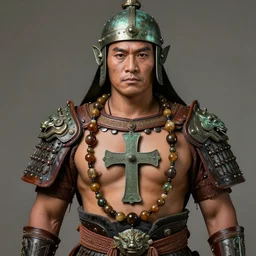 tai warlord closeup portrait, historical, ethnic group, traditional tai costume, bronze headset, leather armor, fantasy, intricate with big agate beads and dong son bronze artifacts cross onbare chest, elegant, loin cloth, highly detailed o