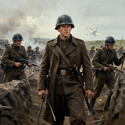 colin farrell american expeditionary forces in a world war 1 landscape in star wars, trench warfare, atmospheric, beautiful lighting, painted by john howe and greg rutkowski