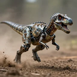 action photography, long shot, award winning macro photo of an ultra detailed intricate muddy robotic dinosaur running very fast in mud, dirt and dust, fast shutter speed, motion blur, tiny gaussian blur, highly detailed, highly intricate, depth of field, national geographic