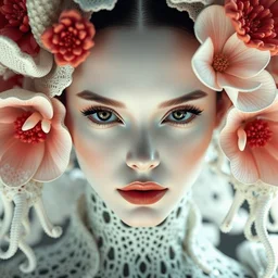 complex 3 d render hyper detailed ultra sharp beautiful woman, porcelain ivory skin, medium shot portrait, close - up, bright 3 point light, alexandre ferra white mecha, iris van herpen cyberpunk mechanical haute couture huge fractal mycelum and fungi filigree lace, rasberry chili red sponge corals, huge magnolia daisies goliath head ornaments, big embroidered leaves sinuous roots, octane render