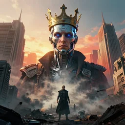 portrait of a transhumanist king, cybernetic crown, at dawn, totalitarian dystopia, double exposure, wide angle, tear gas, high contrast, totalitarian, brutalist architecture, hyper - realist, sharp focus, vibrant colors, detailed, volumetric lighting, impactful masterpiece, by wayne barlowe, by ivan aivazovski, unreal engine, cgsociety