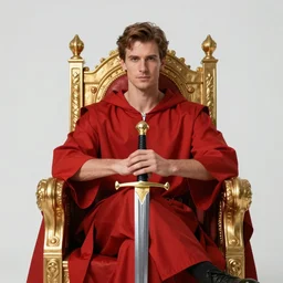 self portrait of man sitting on throne with legs crossed while holding a sword, white man, brown hair, light skin, golden throne, red robes, 8 k, hi - rez, circles, lamented, clear, brown eyes, colored, sharp