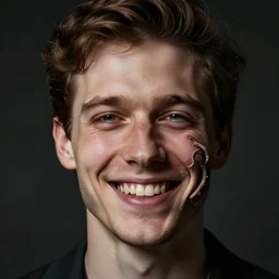 the face of a man whose one half glows with happiness and is full of smiles, and the other half as if he had died, i. e. began to decompose, with a sad posthumous smile, with worms and a bare cheek