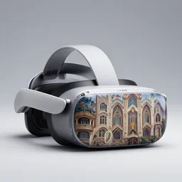 Professional slick Product marketing photo. Steam's Valve Index HMD VR Headset influenced by architecture of 1910's Art Noveau. Designed by artist Antoni Gaudí i Cornet. Lighting and style by painter James Gurney. Slick and shiny presentation. Well organized and minimalist.