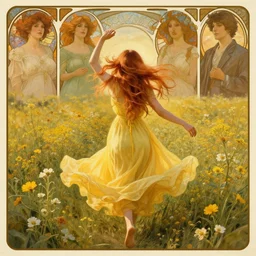 a woman seen from behind from a distance with long copper hair and a flowing yellow sundress dancing in a field of wildflowers, fine details by realistic shaded lighting poster by ilya kuvshinov katsuhiro otomo, magali villeneuve, artgerm, jeremy lipkin and michael garmash and rob rey, art nouveau, alphonse mucha, william - adolphe bouguereau, golden hour