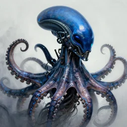 digital portrait of octopus alien in the style of alien xenomorph, blue glow, machine face, intricate, elegant, highly detailed, digital painting, artstation, concept art, smooth, sharp focus, illustration, art by artgerm and greg rutkowski and hr giger, zdzisław beksinski, horror, slimy, blue glow 8 k