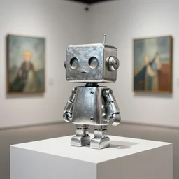 ultra realistic 8k octan photo ,aluminimum wooden art toys on piedestal, very cute robot zen, a on contemporary art gallery