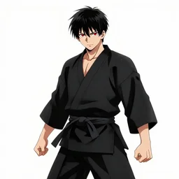 mazoku boy, martial artist boy, wearing ultra - black gi, vantablack clothing, absolute black clothing, anime wallpaper, red eyes