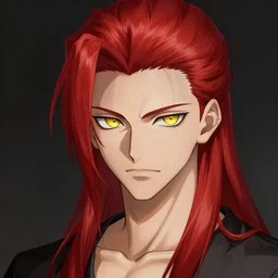 portrait of hisoka morow hunter hunter, 2 0 years old, male, very very sharp jaw yellow eyes very very narrow yellow iris red hair soft hair slicked back crimson medium length hair, bowie, anime highly detailed, digital painting, artstation, concept art, matte, sharp focus, illustration, art by artgerm and greg rutkowski and alphonse mucha