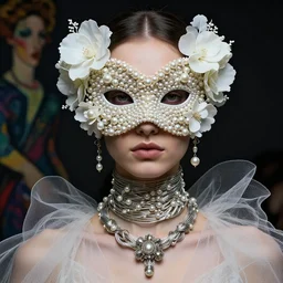 a futuristic portrait covered by mask made of wires and pearl and white plastic flowers, necklace made by wires and gauzes twisted around neck, design by leonardo davinci, inspired by egon schiele, balenciaga, modern art, baroque art jewelry, new classic, fashion design, photorealistic, hyper realistic, cinematic composition, cinematic lighting, fashion design, concept art, 8 k
