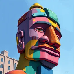 moai statue popart slap face caricature cartoon graffity street digital by os gemeos and aristarkh lentulov artstation colorful vibrant beeple, by thomas kinkade