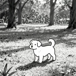 a cute dog in a park, keith haring, line drawing