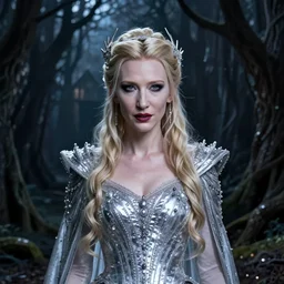 portrait of mischievous, baleful Galadriel (Cate Blanchett) as a queen of fairies, dressed in a beautiful silver dress. The background is a dark, creepy eastern europen forrest.  night, horroristic shadows, high contrasts, lumnious, theatrical, character concept art by ruan jia, thomas kinkade, and J.Dickenson, trending on Artstation
