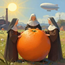 three medieval nuns surrounding giant orange. in the background we see a factory. the sun is shining and there is a blimp in the sky ; digital art, expressionist,