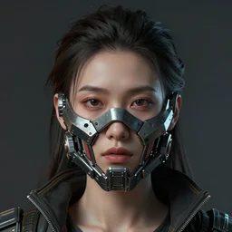 beautiful woman with a mech mask rendered in unreal engine, cyberpunk, dark scifi, painted by cameron gray, david burliuk bernard | wlop, face symmetry, proportional portrait