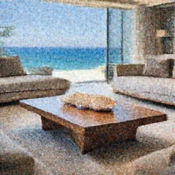 A modern living room inspired by the ocean, a luxurious wooden coffee table with large seashells on top in the center, amazing detail, 8k resolution, blue color, calm, relaxed style, harmony, wide angle shot