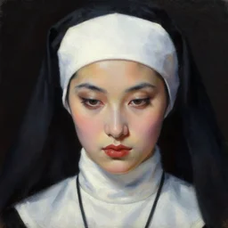 hyperrealism oil painting, complete darkness background, close - up face portrait from up, nun fashion model looking down, in style of classicism mixed with 8 0 s sci - fi japanese books art