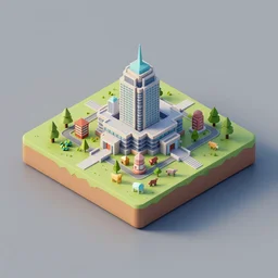isometric square 3d Render of island with big building on the center, island is on the center of an image, on the island there is city with animals, no background, medium poly, blender eevee render