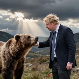 Boris Johnson tapping a a bears shoulder and instantly regretting it