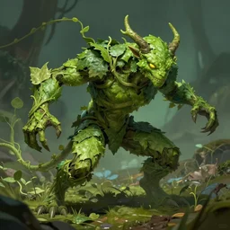 a green creature made of leaves and vines bursting out of the ground ready to attack; detailed, best on artstation, raymond swanland, magic the gathering, epic, stunning, masterpiece