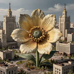 colossal MC Escher flower in the middle of abandoned post soviet constructivist cityscape, Stalinist architecture, ultradetailed, Intricate by Hayao Miyazaki and Josan Gonzalez and Giuseppe Arcimboldo and Wes Anderson and H.R. Giger