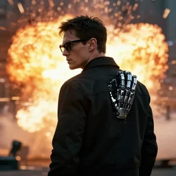man with 8 bionic hand on his back, wearing black jacket and black glassed, movie still, cinematic, with explosion in his background, very realistic, dramatic moment