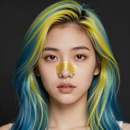 filipino girl blue - yellow hair nose tape, high detail illustration, sharp high detail, art by davis, marc