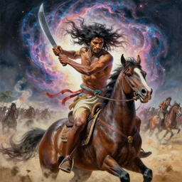 portrait of head and body, single bangla farmer fighting on hoseback, hand to hand combat with machete, full body view, long flowing hair, fighting for his life, nebula aura surrounding subject, horseback combat attacker foreground, background of invading army, nestor canavarro hyperrealist art style, sharp outlines