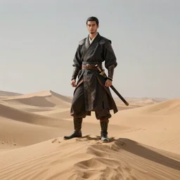 An extremely agile and confident warrior standing atop a large sand dune, handsome clean shaven young face, straight hair, fantasy, intricate, elegant, highly detailed, digital painting, artstation, concept art, smooth, sharp focus, illustration, art by artgerm and greg rutkowski and alphonse mucha