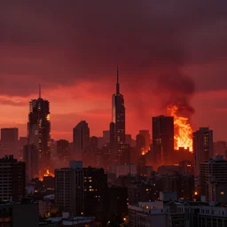 post - apocalyptic city with burning red sky