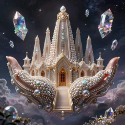 delicate mtg illustration by charles vess of a massive vulva - shaped temple constructed of carved iridescent pearls and house - sized crystals of impossibleu architecture floating in the astral plane, trending on cgsociety.