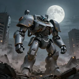 a very big grey giant mechanical weapons battle armor mechwarrior in the middle of war - torn battlefield of a crumbling city, dim sky, very big moon, some smoke, a little bit yellow lights, artstation, concept art, smooth, sharp focus, vivid grunge, illustration, superior quality, very detailed, 8 k, cinematic lighting, octane render,, wide angle, by b
