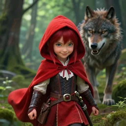 portrait of a cute and beautiful, smirking heavily armed little red riding hood, getting attacked by a werewolf from behind in a lush green forest, sharp focus, unreal engine 5, digital illustration, volumetric light, highly detailed, intricate, by michael whelan, james gurney, 8 k