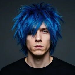 2 d gorillaz, a man with messy blue hair and no eyes, portrait, gorillaz style, jamie hewlett, neutral expression