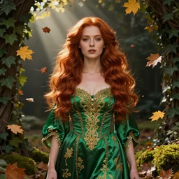 portrait of a red haired woman wearing a green satin dress with fine gold filigree, autumn leaves falling, dramatic volumetric lighting, god rays, global illumination, soft, sharp focus, ivy, masterpiece, moss, trending on artstation, concept art by artgerm and Alphonse Mucha and Greg Rutkowski and Ryan Lang