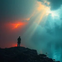 ta ha, volumetric lighting, highly detailed, by greg rutkowski, complementing colors, god looking at me, heavy rainy, lofty heavens, holy man looking at ground, water reflection