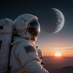 futuristic astronaut looking at the horizon of a unknown planet, close shot, sunset, cinematic, epic, dark scenario, 8k, award winning,